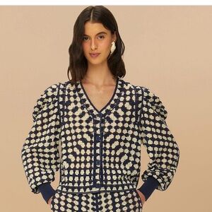 FARM Rio Blue & White Crocheted Cardigan